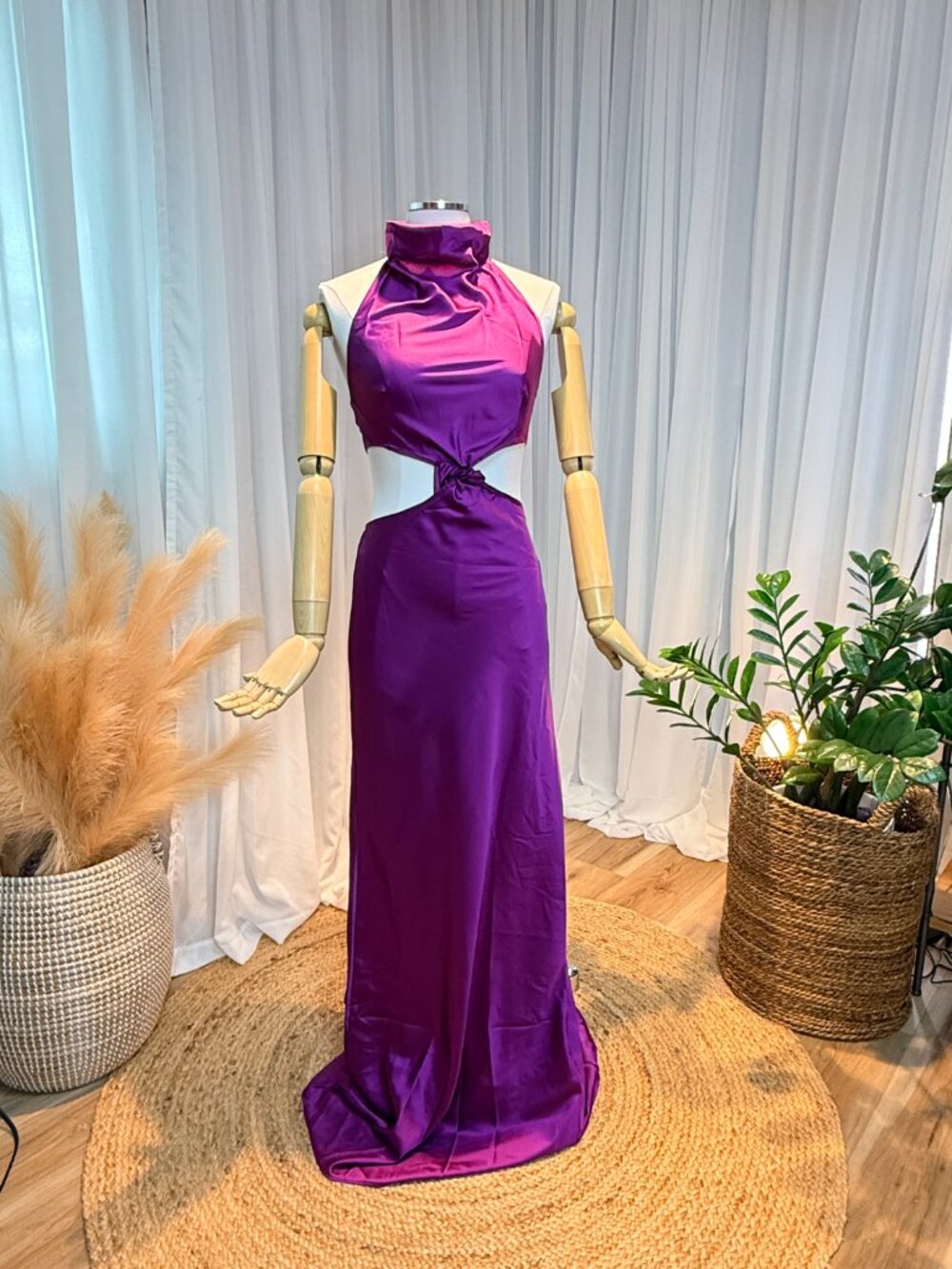 Magenta Satin Halter Cutout Maxi Dress